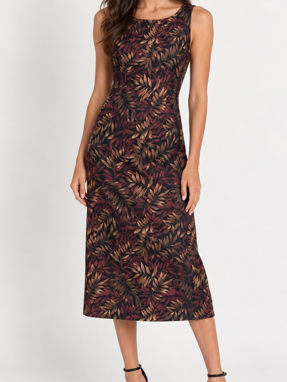 Studio I Vintage Brown Fall Autumn Leaf Print Midi Dress 14P